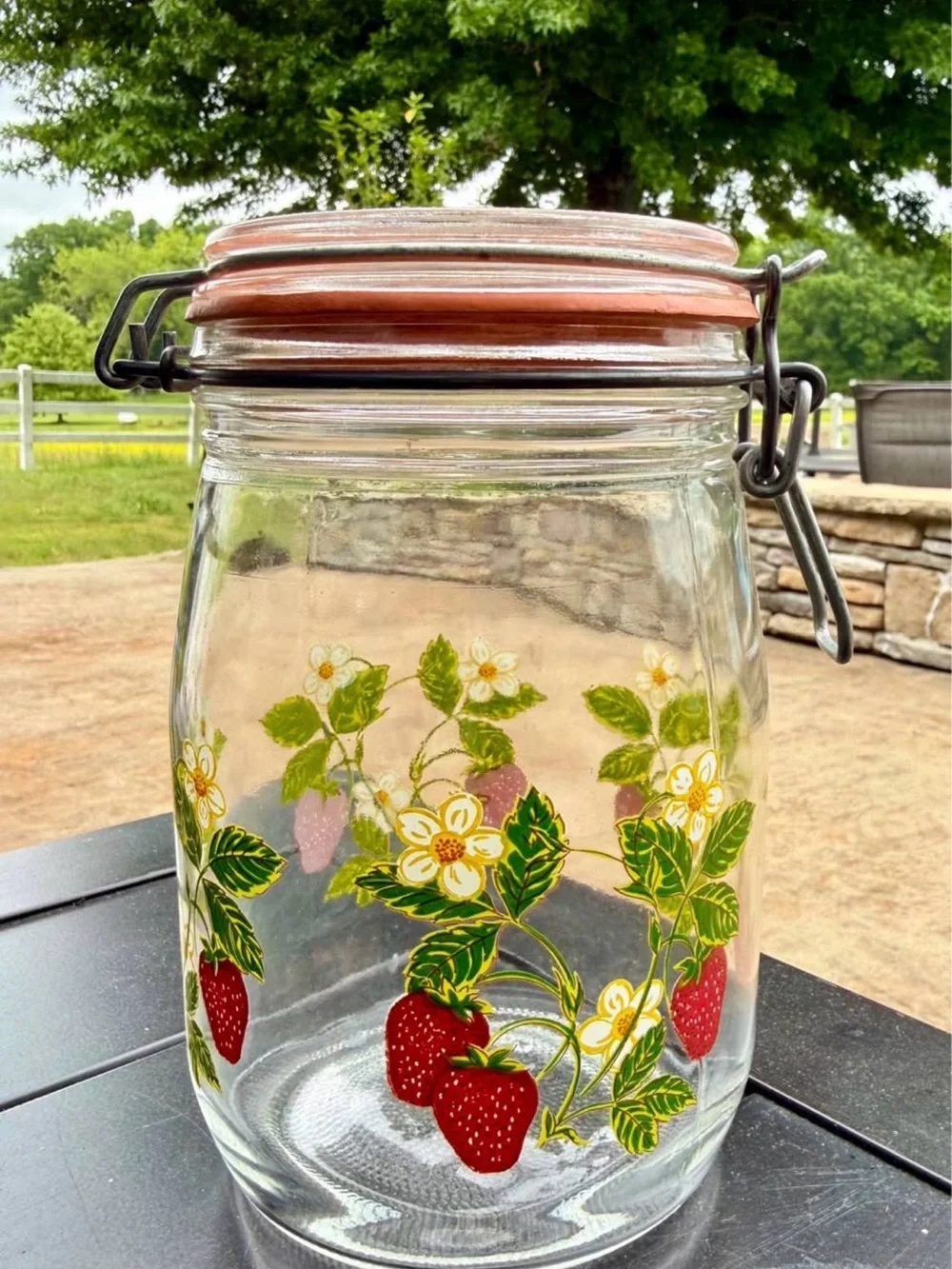Strawberry Vintage ARC France glass canister from the 1970s- 1L